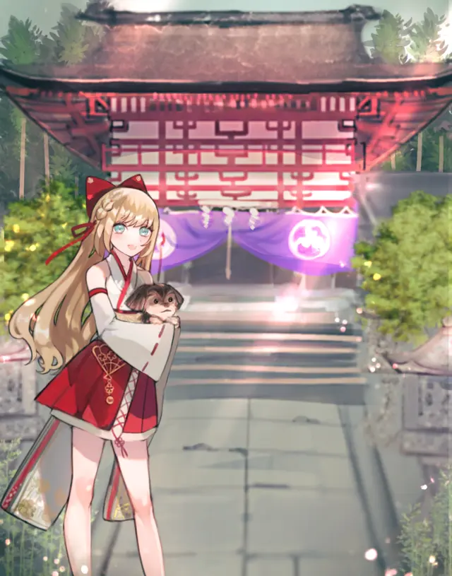 巫女と子犬のイラスト