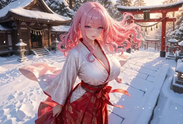 雪の神社の巫女